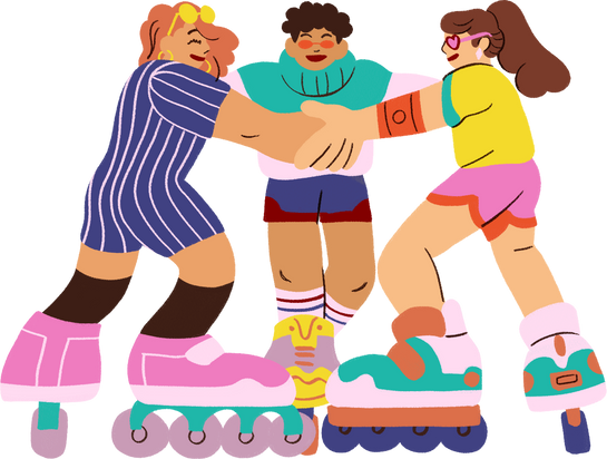 Hand Drawn Vibrant Friends Holding Hands Roller Skating Together